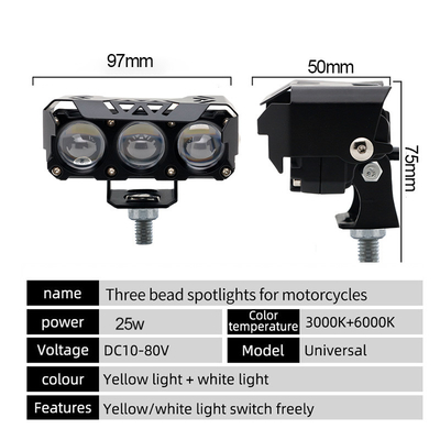 Três glóbulos oculares Lâmpadas de motocicleta LED Far White Auxiliary Light Near Yellow