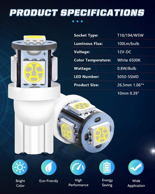 194 ampolas automotivos 6500K do diodo emissor de luz firmam T10 SMD 5050 lascam-se