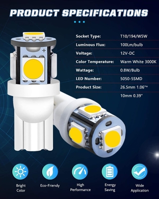 194 ampolas automotivos 6500K do diodo emissor de luz firmam T10 SMD 5050 lascam-se