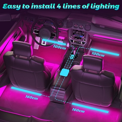 4 PCes 48 luzes interiores conduzidas IP65 da atmosfera do carro da tira com controle do APP do porta usb