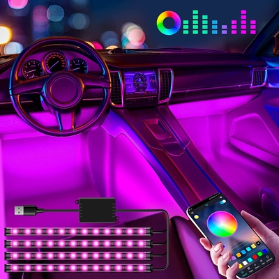 4 PCes 48 luzes interiores conduzidas IP65 da atmosfera do carro da tira com controle do APP do porta usb